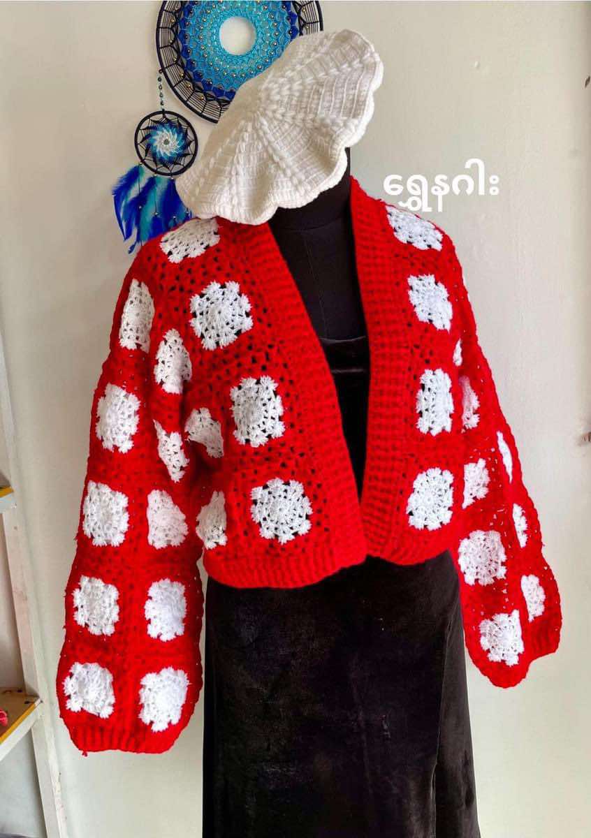 Red & White Granny Square Crochet Baby Jacket - Handmade Knit Cardigan
