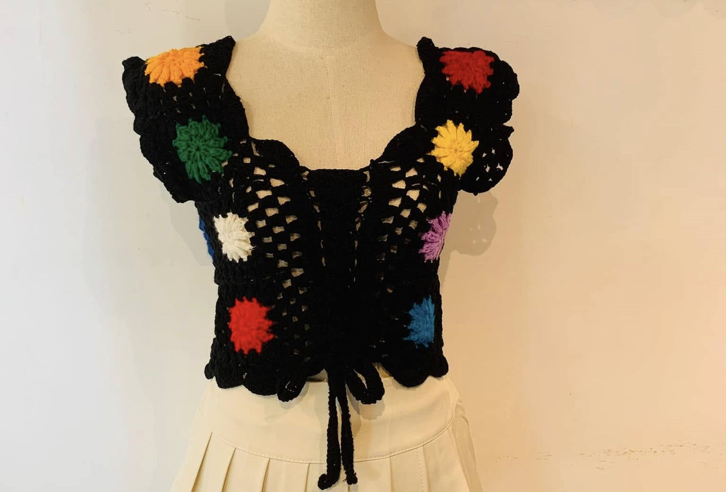 Black Granny Square Crochet Shrug with Colorful Centers - Bohemian Tie-Front Bolero