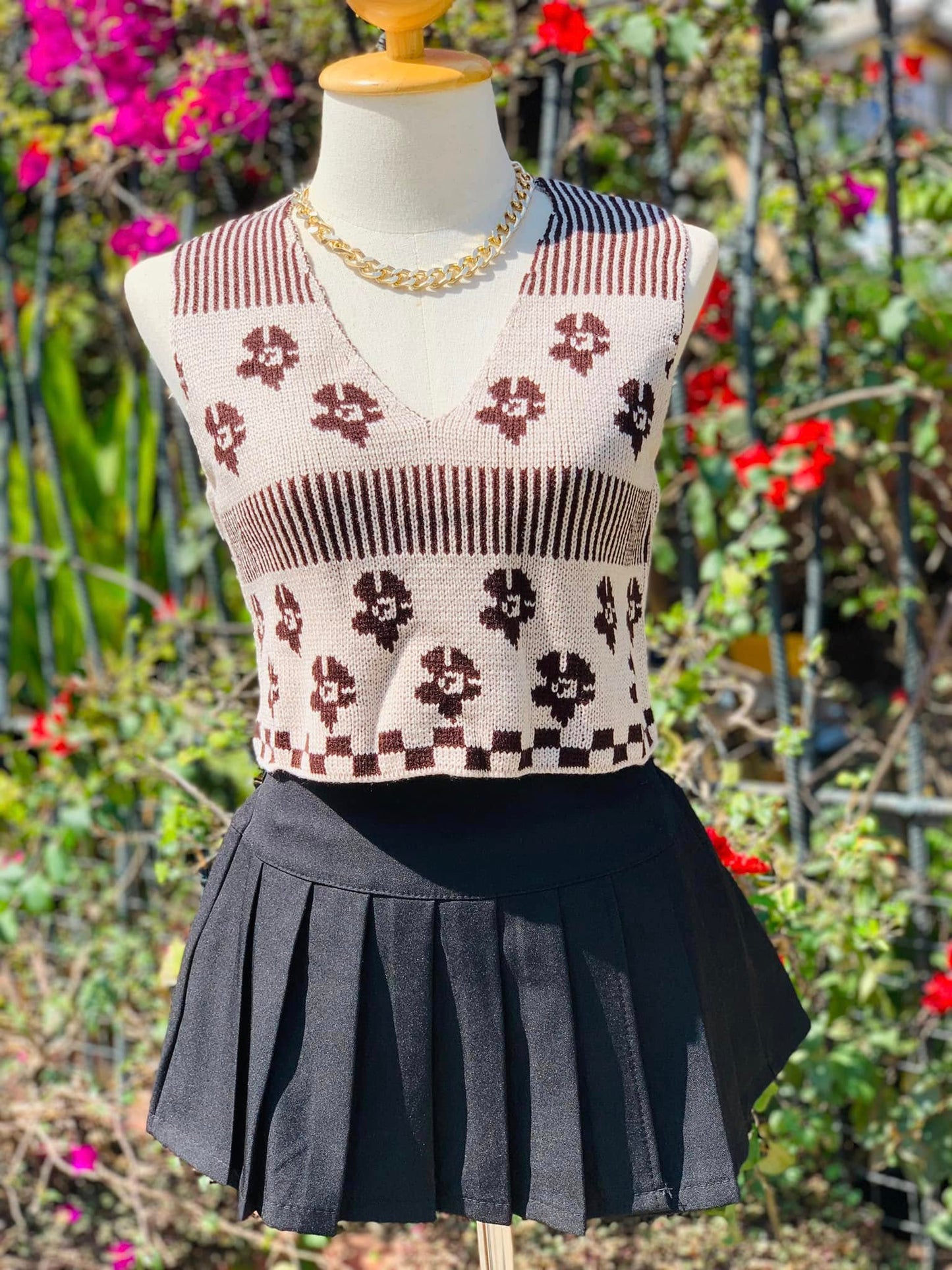 Patterned Knit Poncho - Beige & Black Geometric Design Sweater Cape