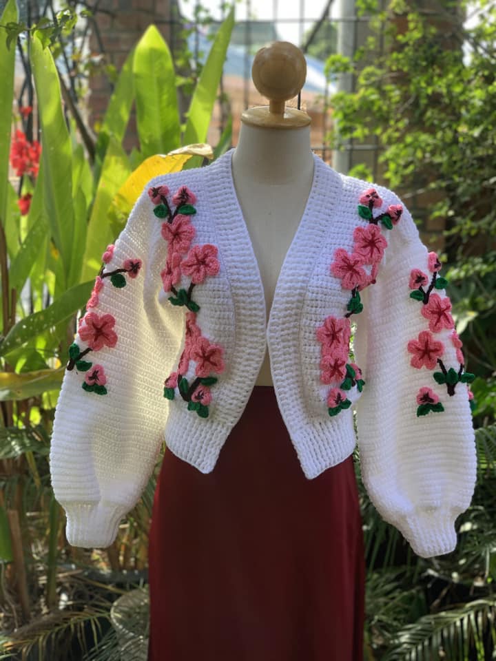 White Knit Cardigan with Pink Cherry Blossom Embroidery - Floral Sweater