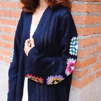 Navy Blue Knit Cardigan with Colorful Crochet Granny Square Details
