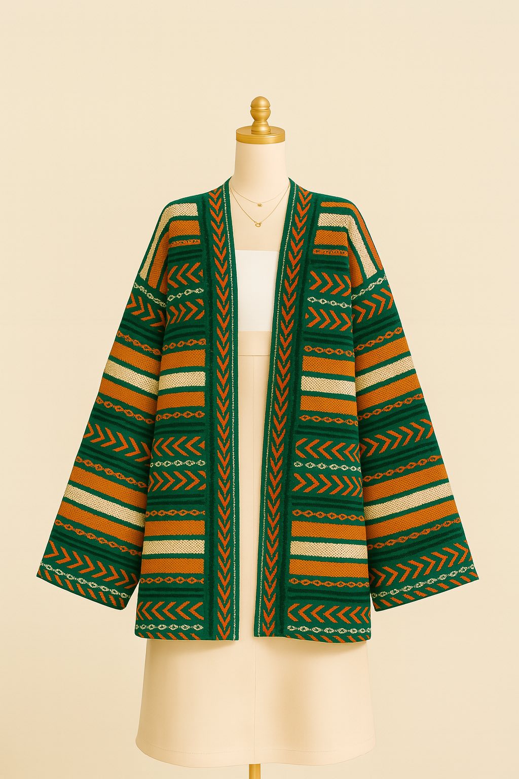 Striped Knit Cardigan - Green, Yellow & White Patterned Open Front Jacket