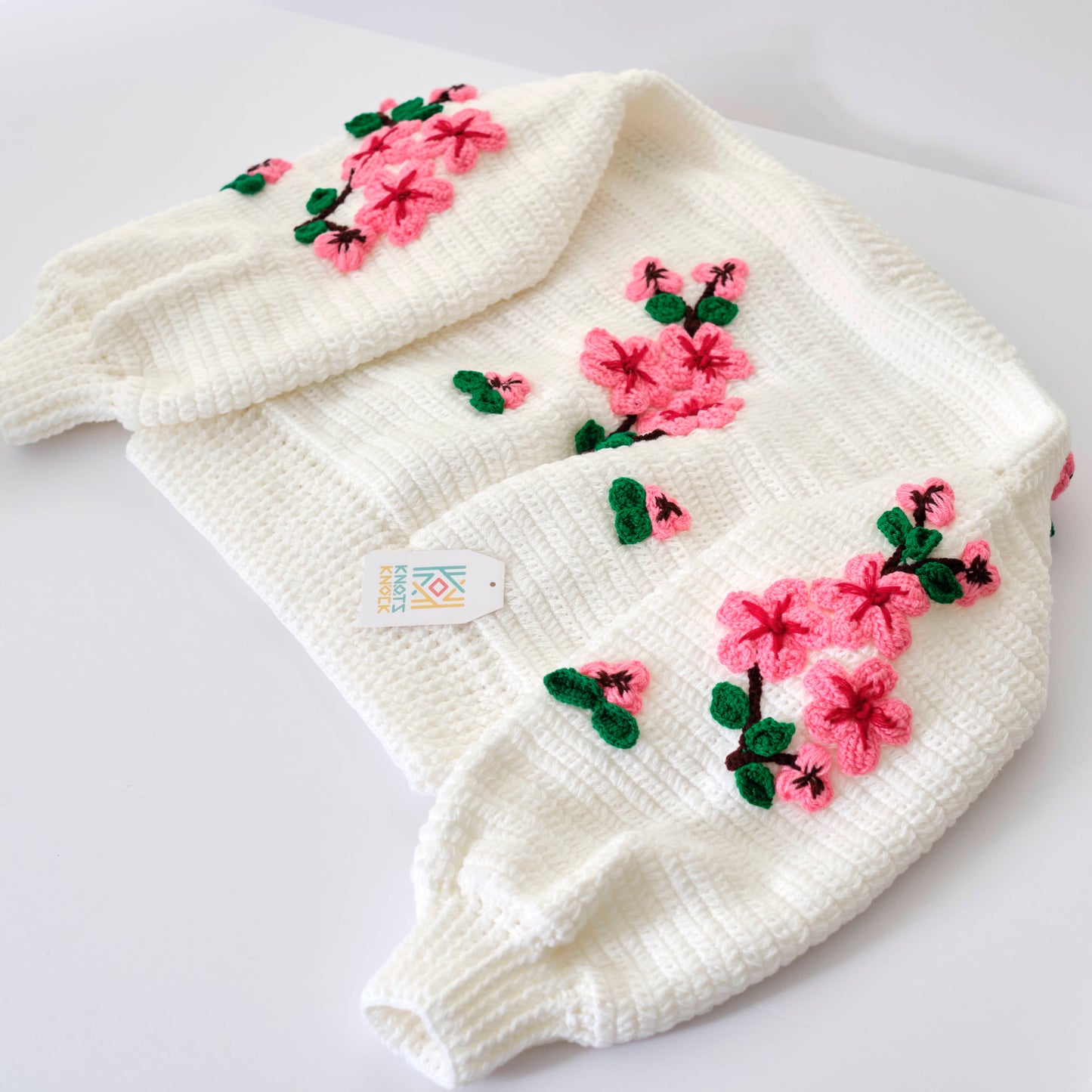 White Knit Cardigan with Pink Cherry Blossom Embroidery - Floral Sweater