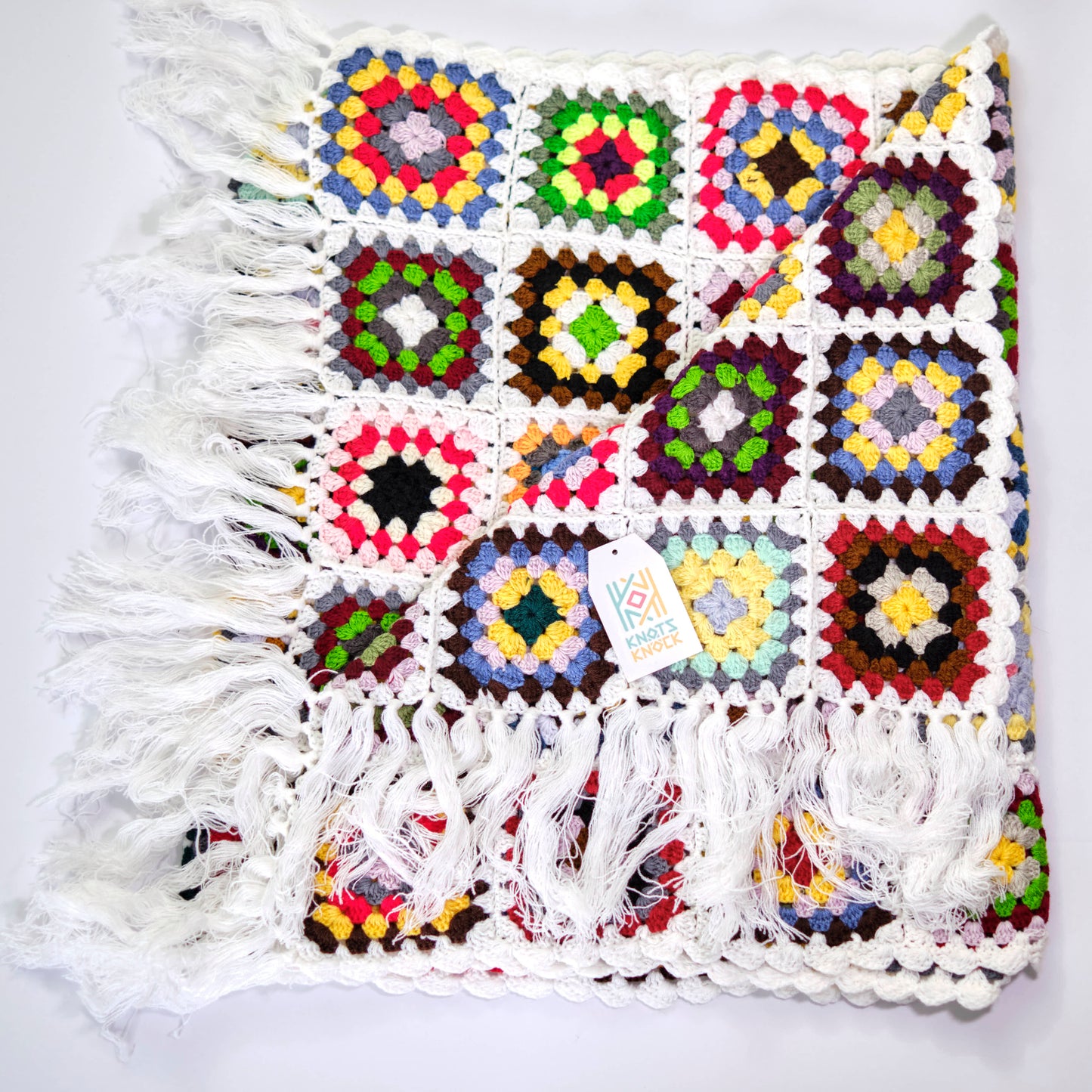 Colorful Granny Square Crochet Scarf with White Fringe - Bohemian Knit Scarf