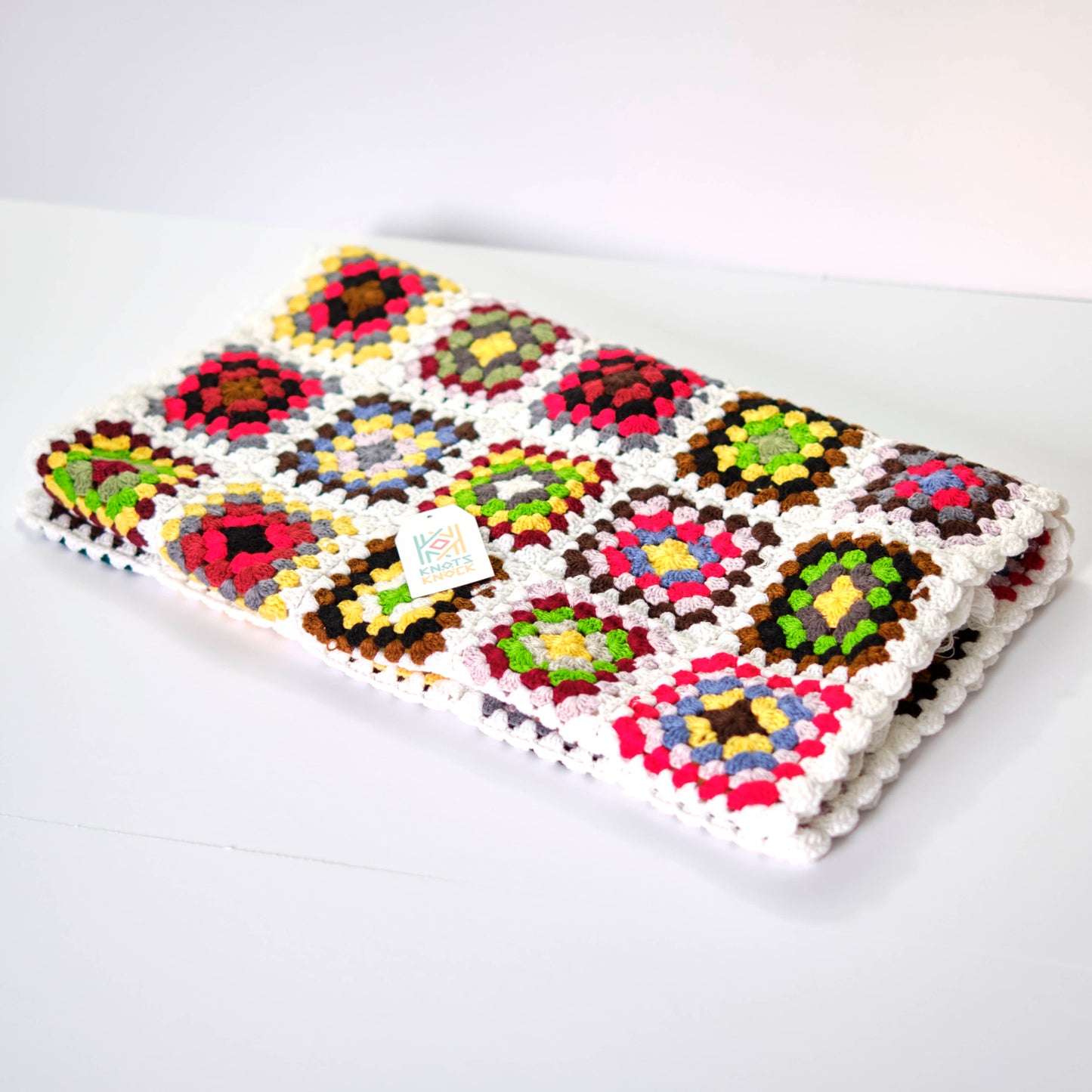Colorful Granny Square Crochet Scarf with White Fringe - Bohemian Knit Scarf