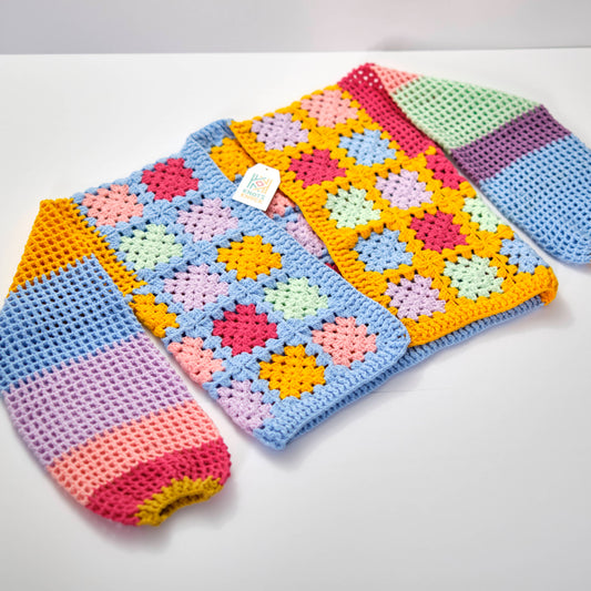 Pastel Granny Square Crochet Cardigan - Colorful Bohemian Milk Cotton Jacket