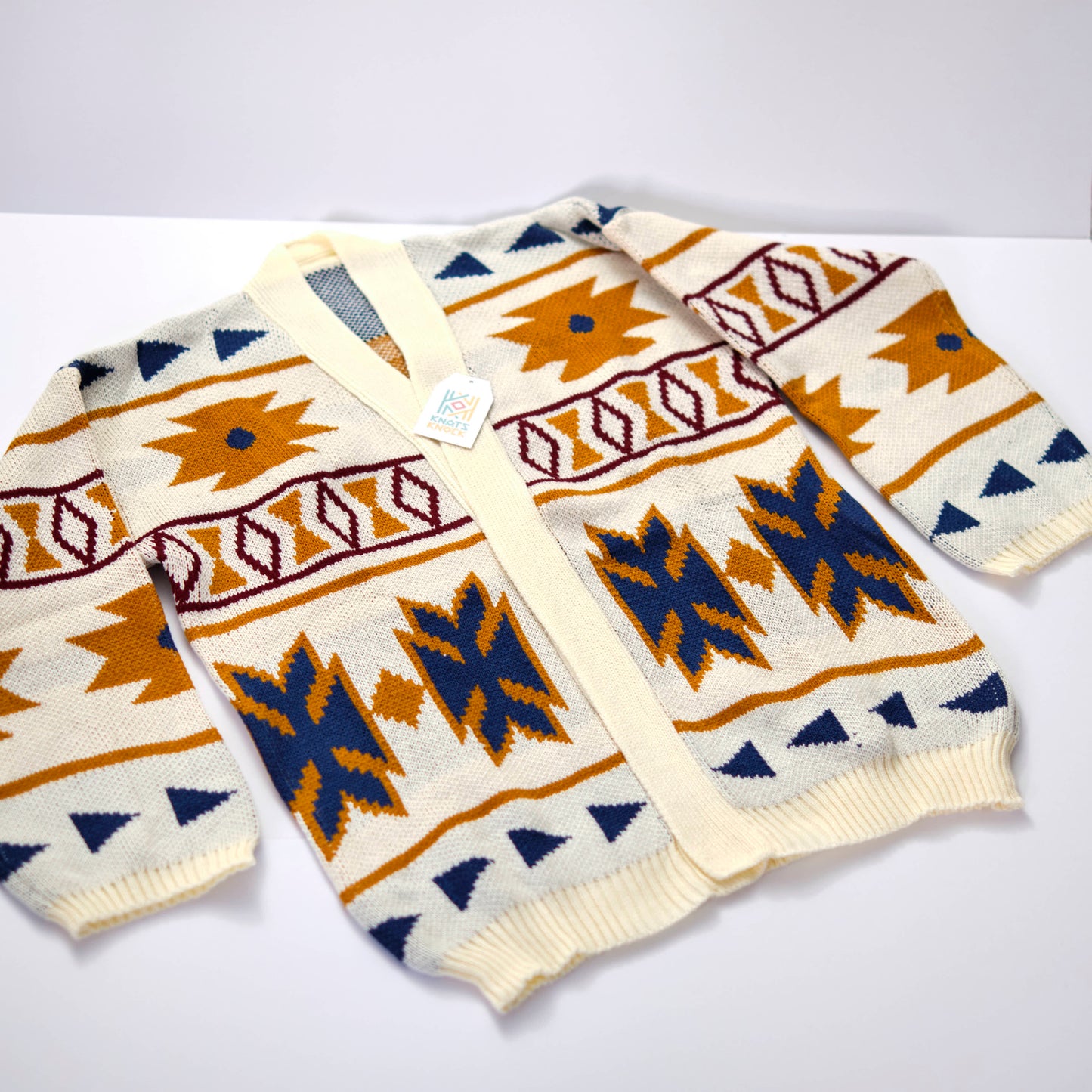 Cream Knit Cardigan with Southwestern Geometric Pattern