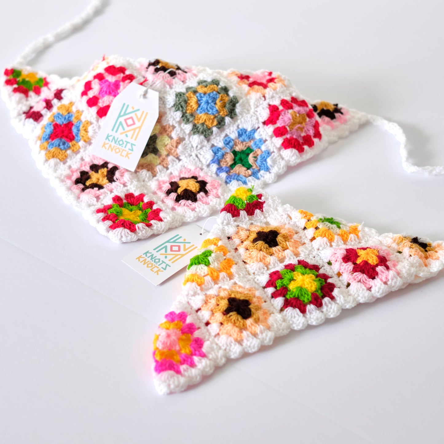 Black Granny Square Crochet Hair Bandana - Colorful Bohemian Head Scarf