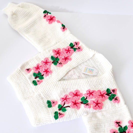White Knit Cardigan with Pink Cherry Blossom Embroidery - Floral Sweater