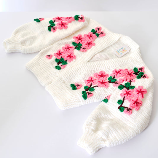 White Knit Cardigan with Pink Cherry Blossom Embroidery - Floral Sweater