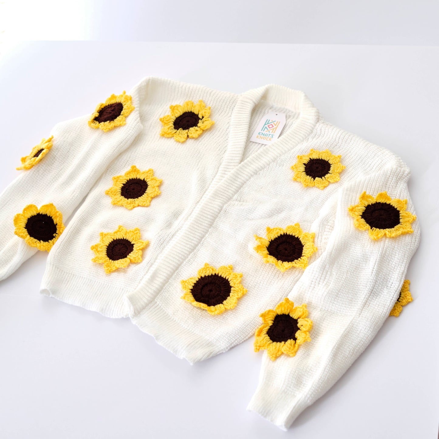 White Crochet Cardigan with Sunflower Appliqués - Handmade Floral Knit Jacket