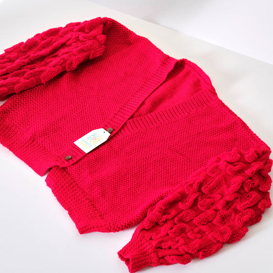 Red Textured Knit Cardigan - Bubble Sleeve Button-Up Sweater