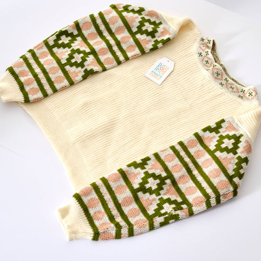 Cream Knit Sweater with Geometric Patterned Sleeves and Collar