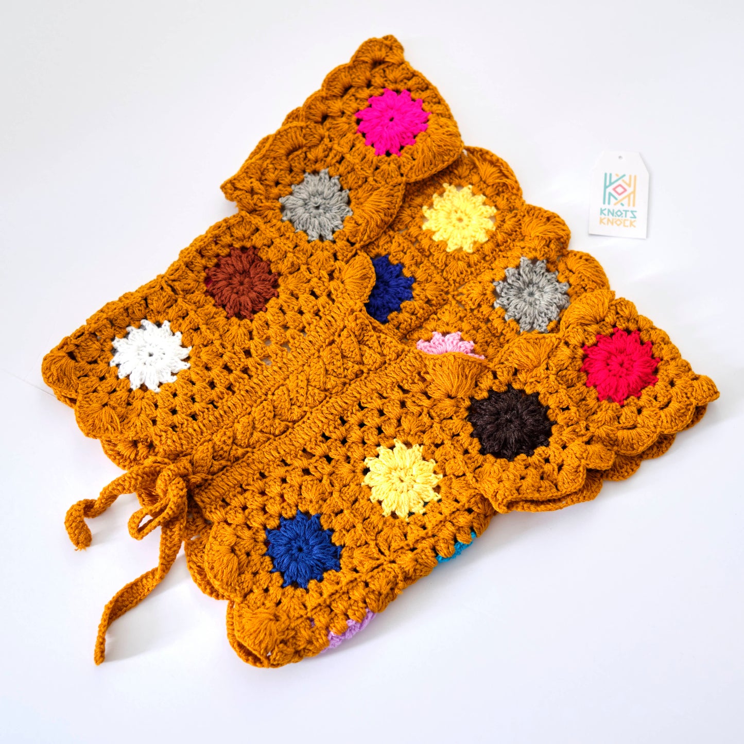 Mustard Yellow Granny Square Crochet Shrug - Bohemian Tie-Front Bolero