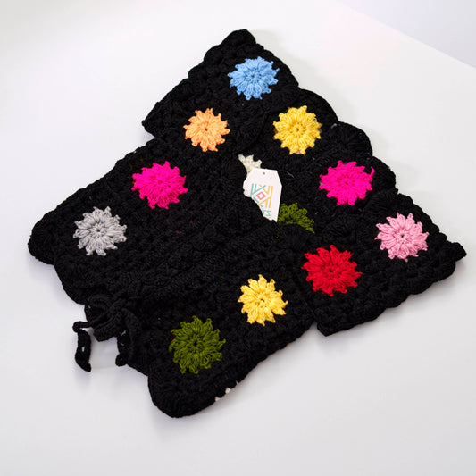 Black Granny Square Crochet Shrug with Colorful Centers - Bohemian Tie-Front Bolero