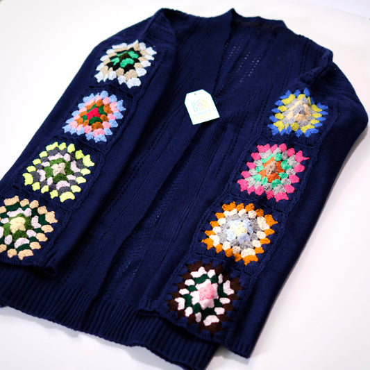Navy Blue Knit Cardigan with Colorful Crochet Granny Square Details