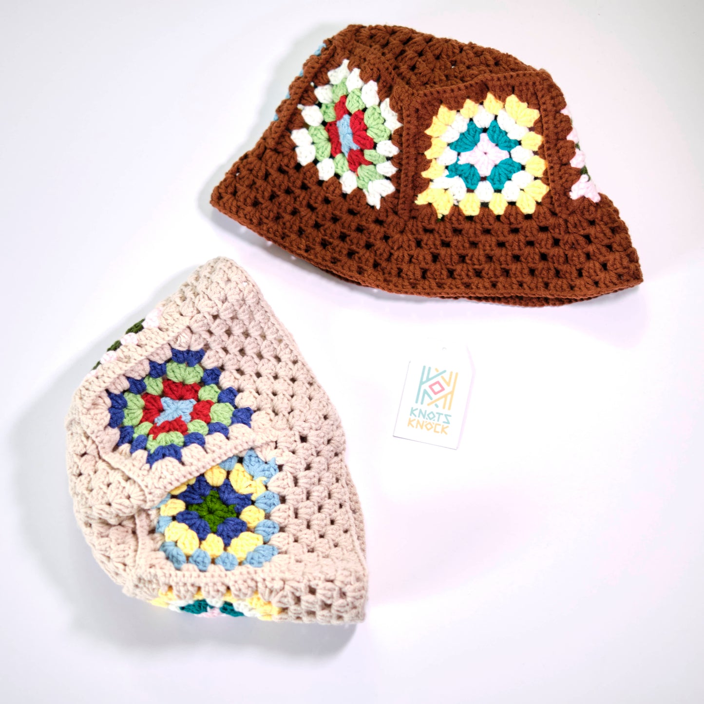 Brown Granny Square Crochet Bucket Hat - Colorful Patchwork Boho Hat