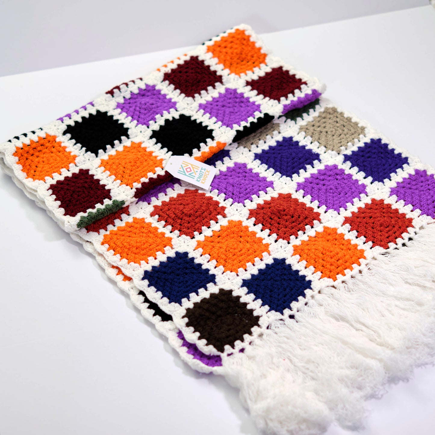 Colorful Crochet Patchwork Scarf with Fringe - Bohemian Knit Scarf