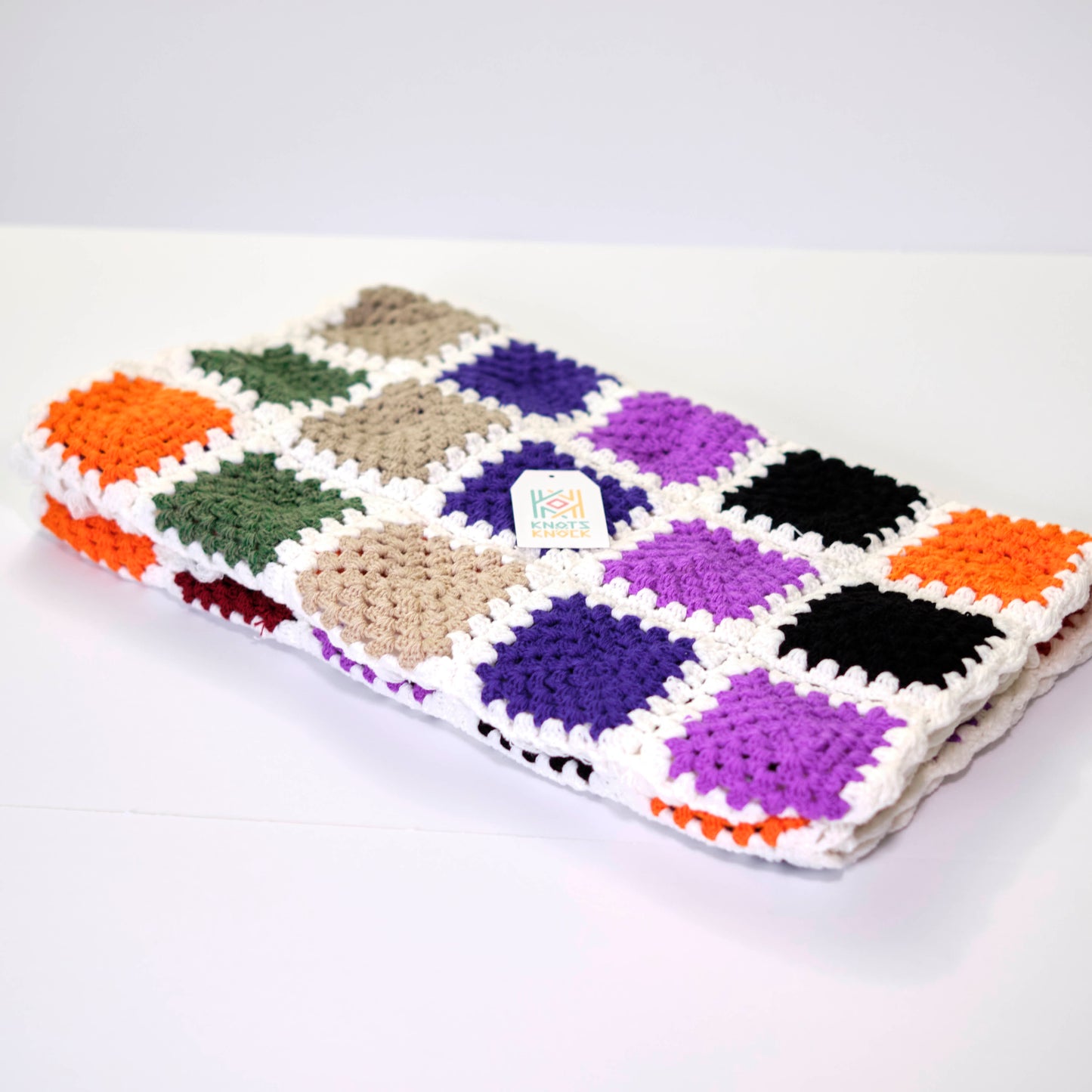 Colorful Crochet Patchwork Scarf with Fringe - Bohemian Knit Scarf