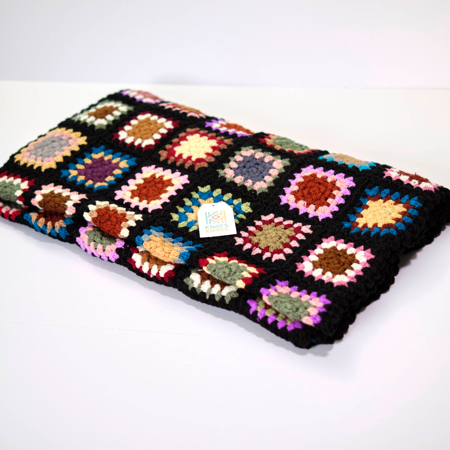 Black Granny Square Crochet Scarf with Colorful Centers & Fringe