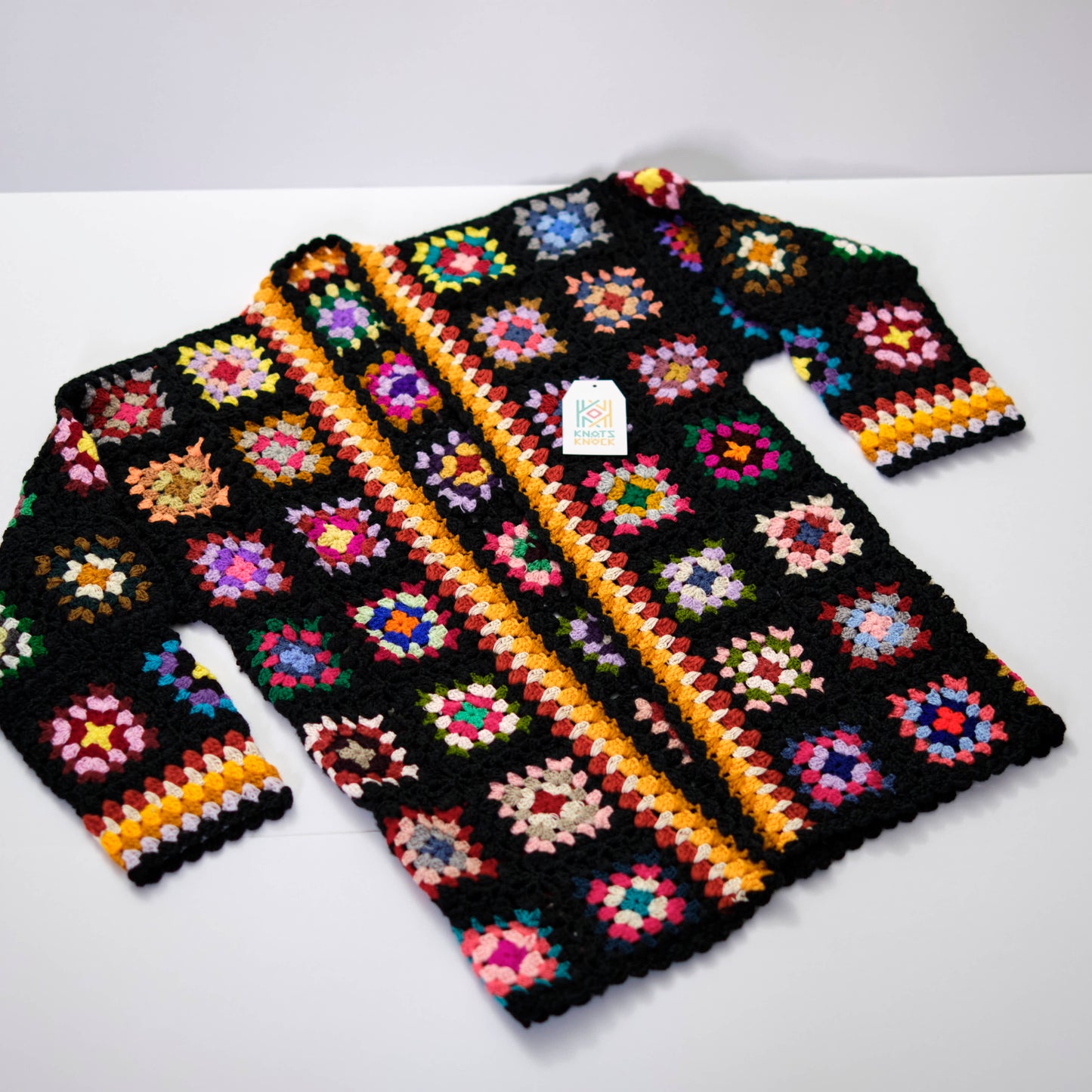 Handmade Black Granny Square Crochet Cardigan with Colorful Accents