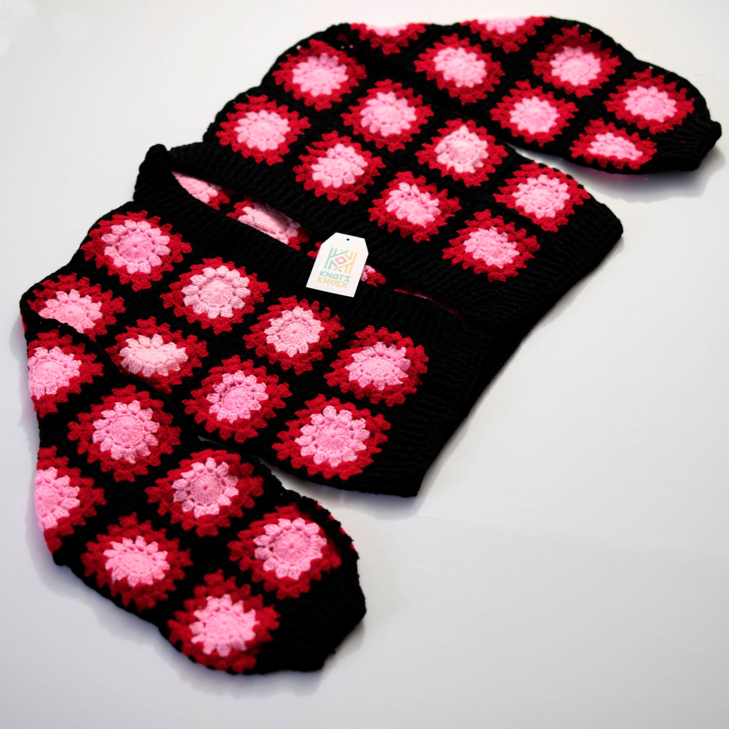 Black & Pink Granny Square Crochet Cardigan - Handmade Retro Knit Jacket