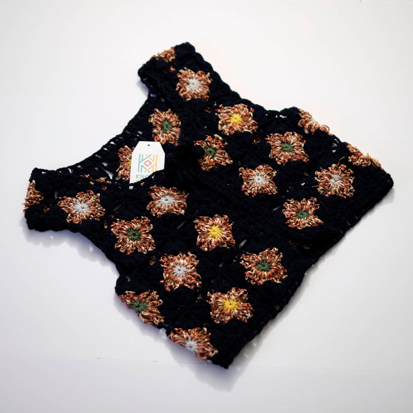 Black Granny Square Crochet Vest - Handmade Bohemian Sleeveless Cardigan