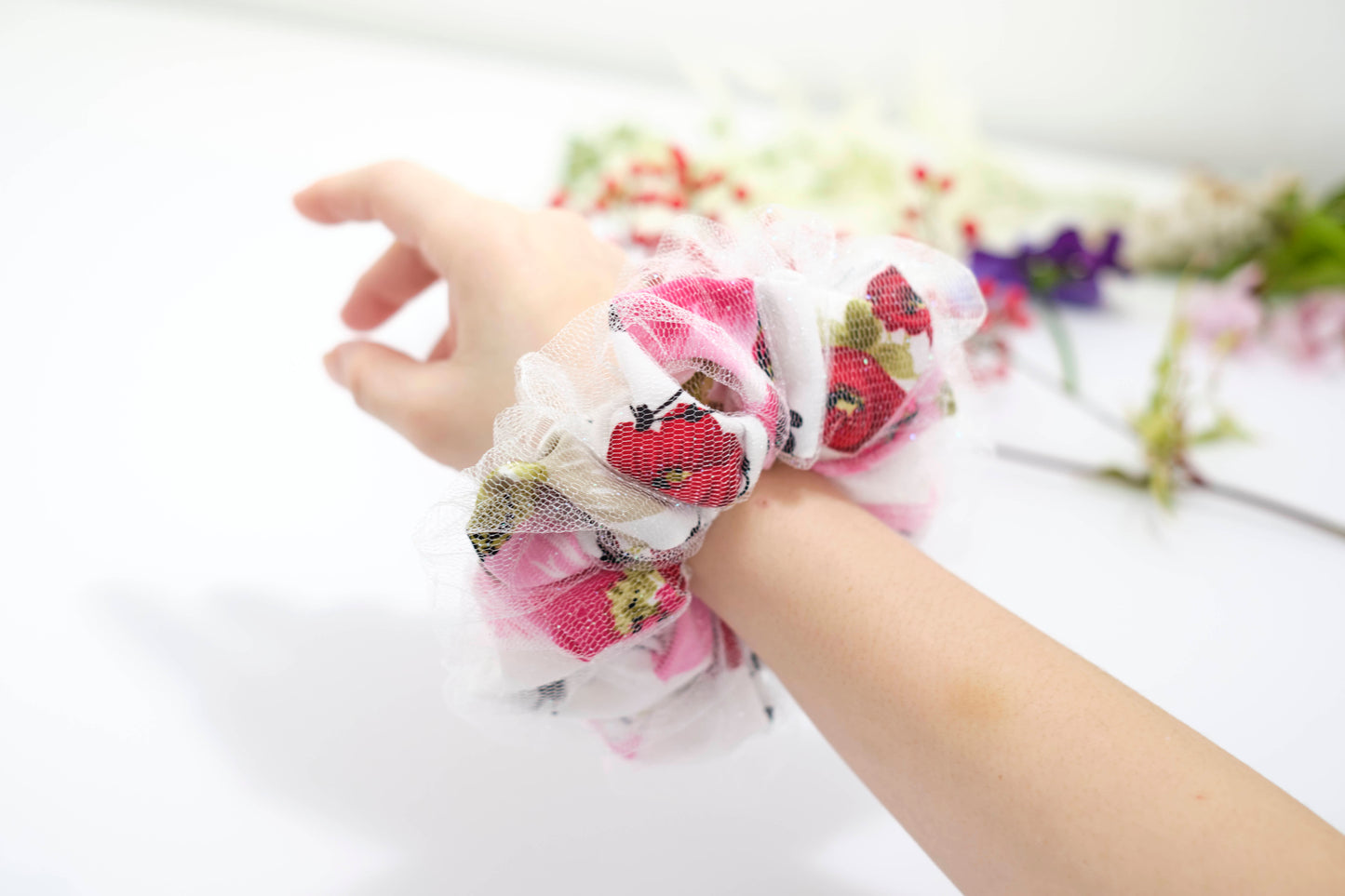 Floral Print Scrunchie with Sheer Mesh Overlay - Delicate Hair Tie