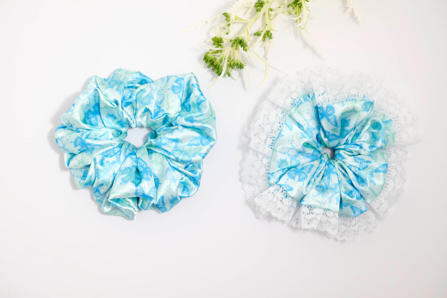 Light Blue Floral Scrunchie with White Lace Trim - Elegant Hair Tie