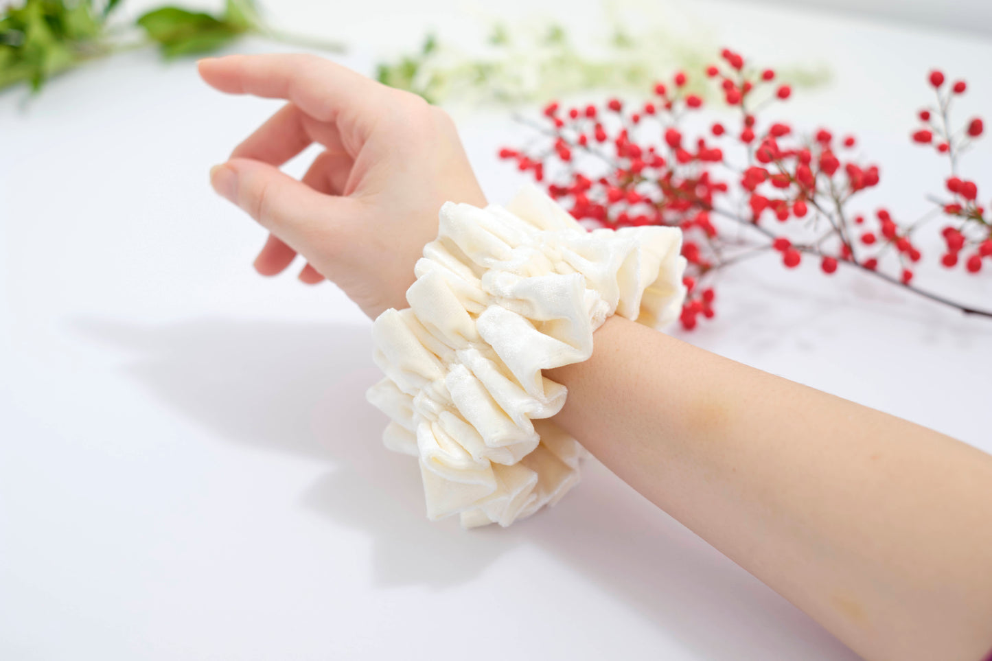 Ruffled Ivory Velvet Scrunchie - Soft Plush Hair Tie with Ruffles