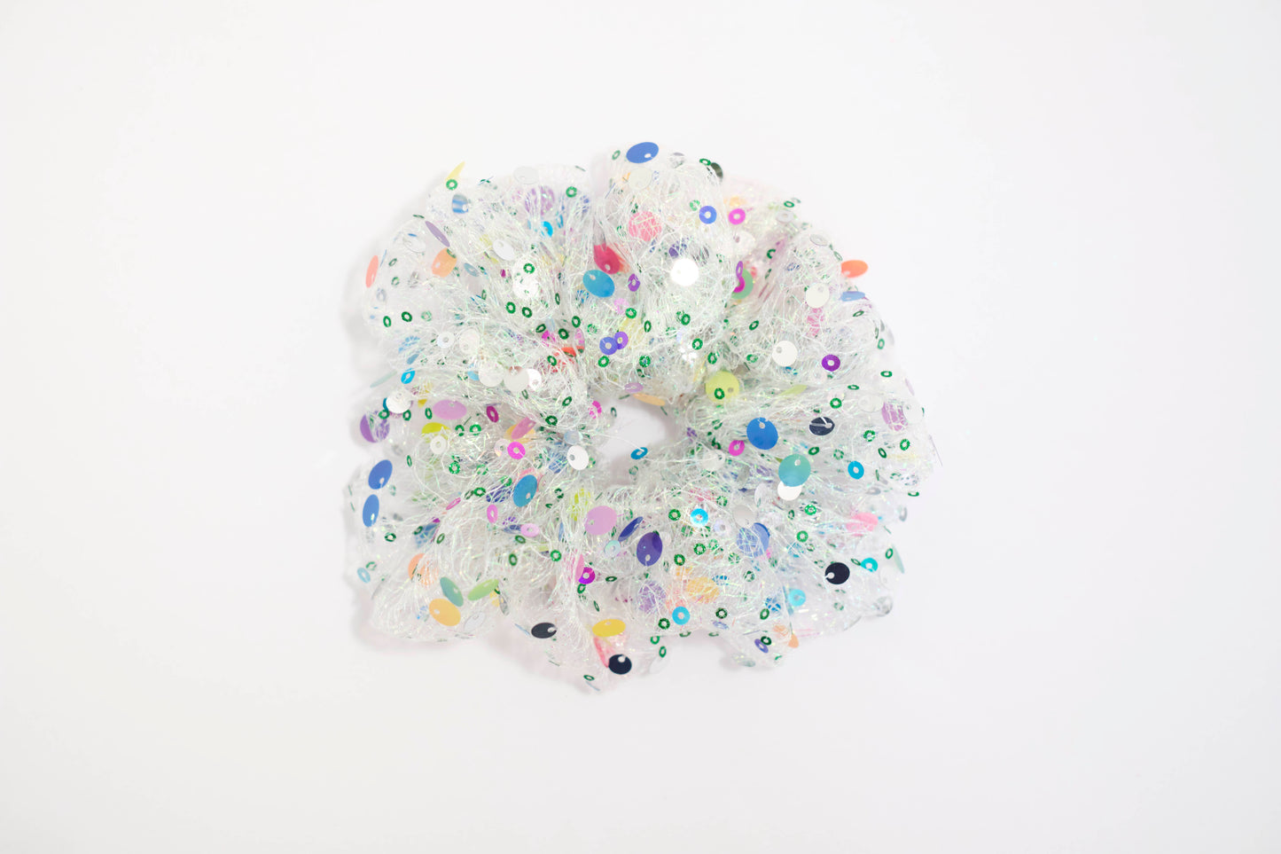 White Mesh Scrunchie with Colorful Sequins - Sparkly Hair Tie