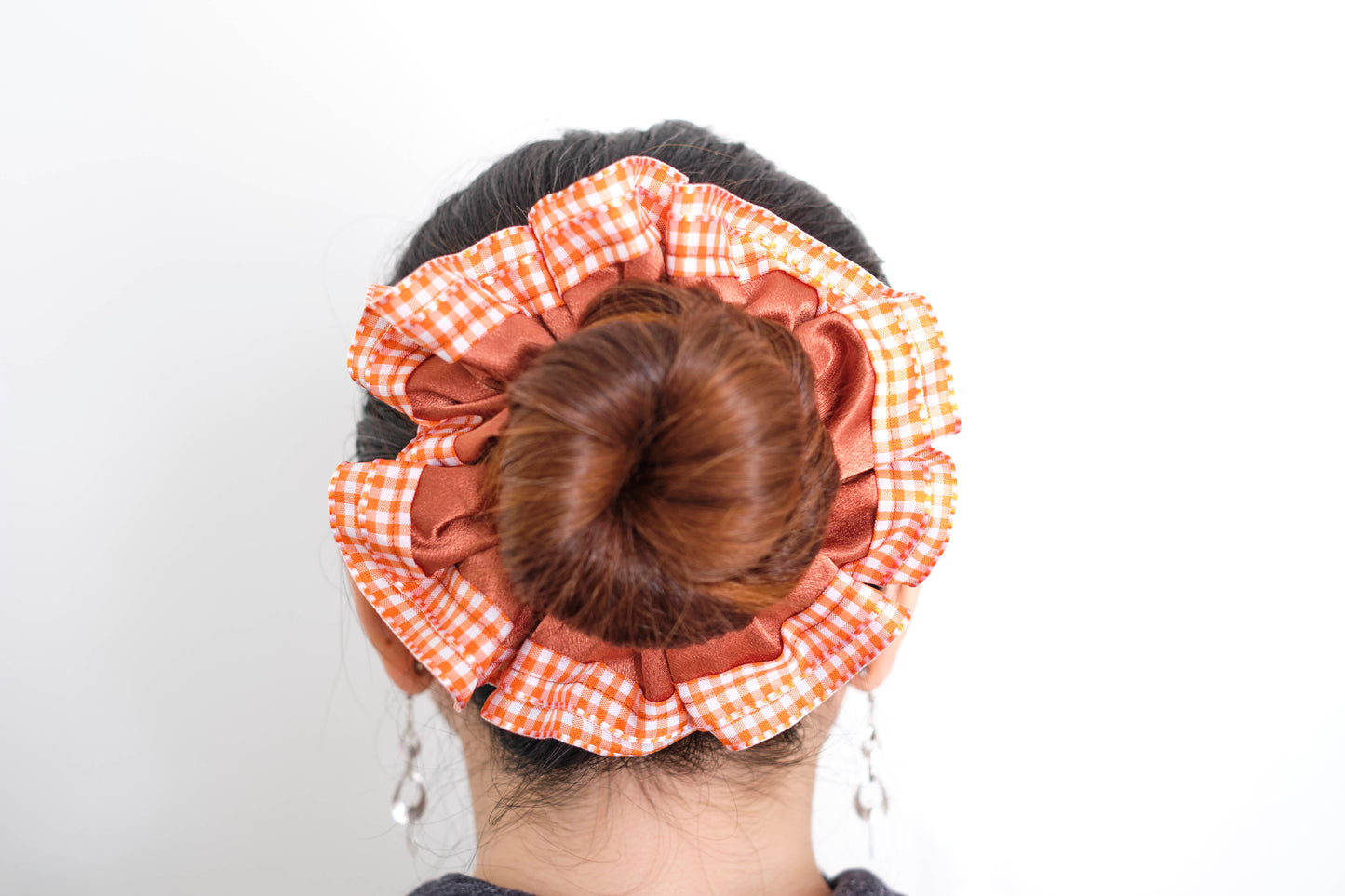 Orange Gingham & Satin Scrunchie - Layered Hair Tie