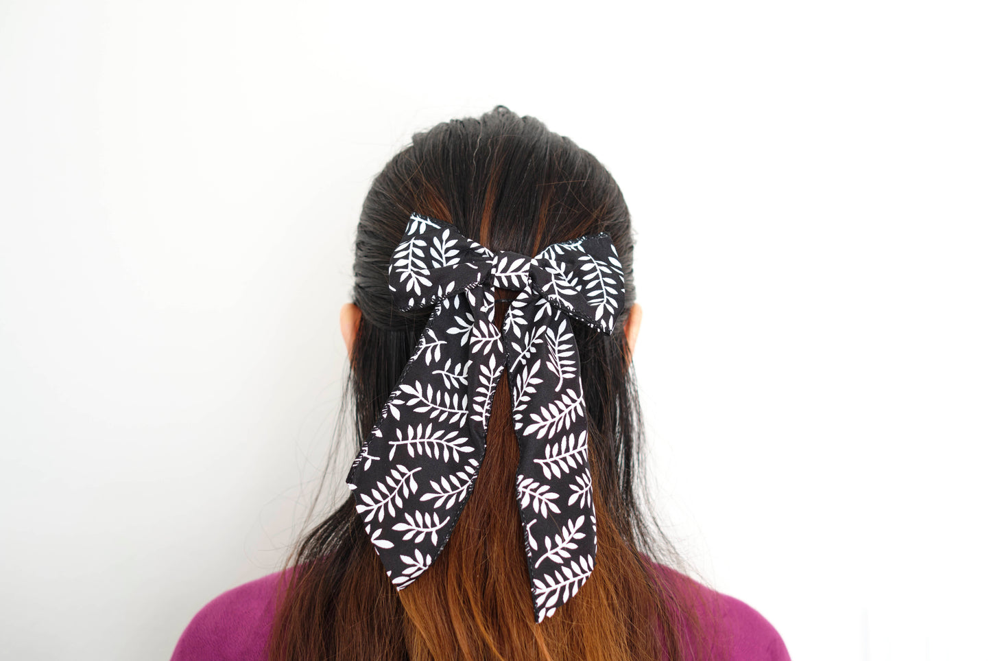 Black & White Leaf Print Wired Hair Bow - Botanical Hair Accessory
