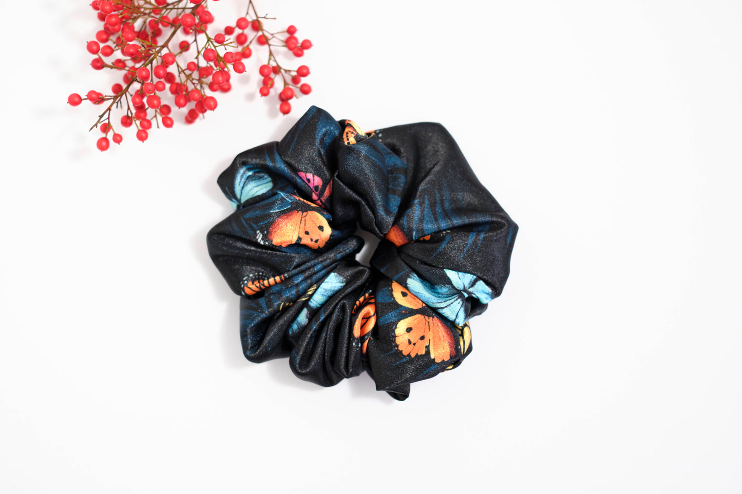 Dark Floral & Butterfly Print Scrunchie (Valentino) - Elegant Satin Hair Tie