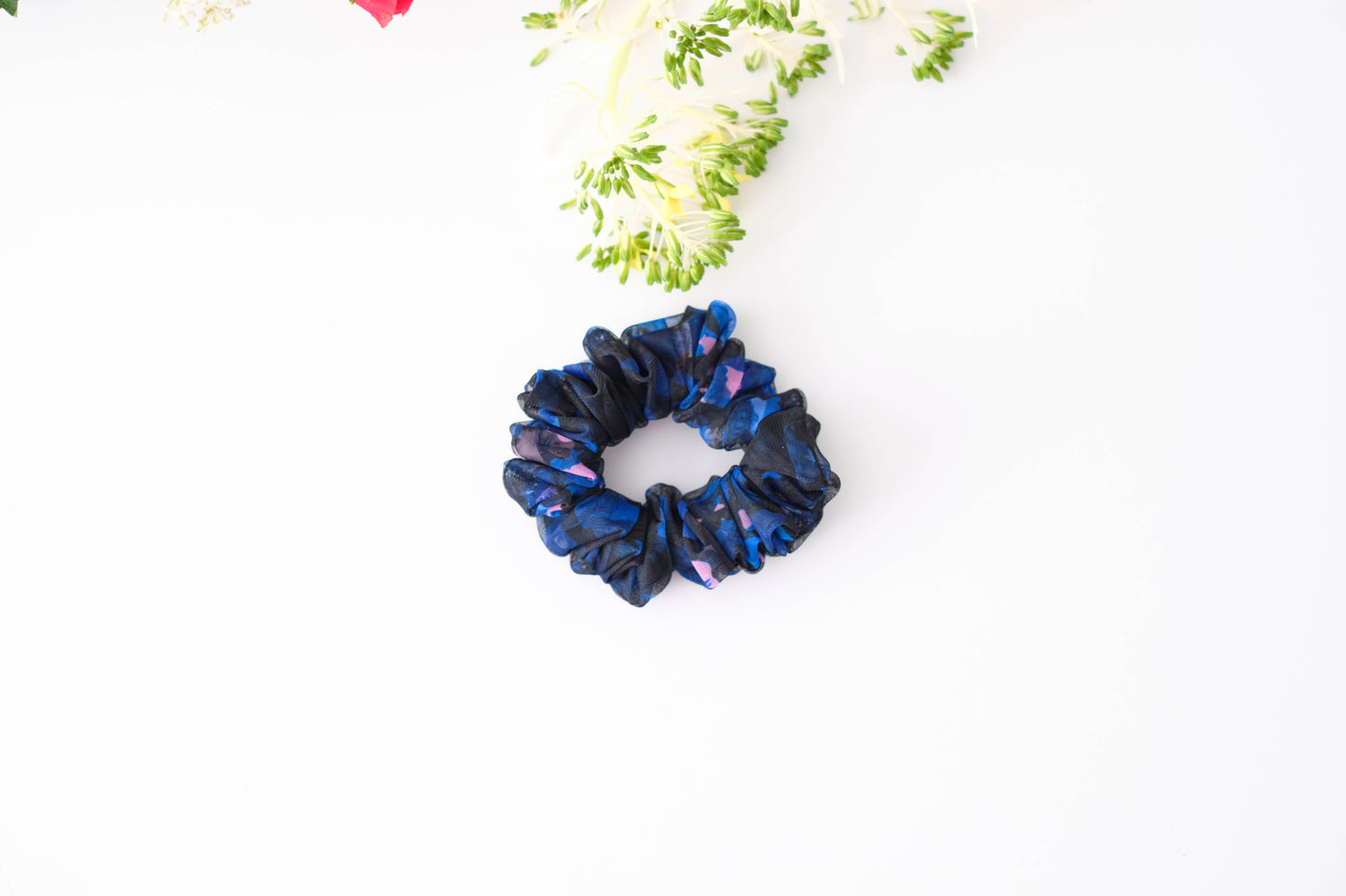 Blue Mesh Floral Scrunchie - Sheer Flower Hair Tie