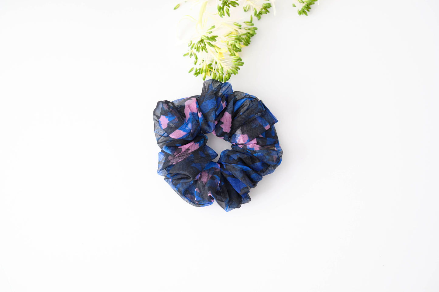Blue Mesh Floral Scrunchie - Sheer Flower Hair Tie