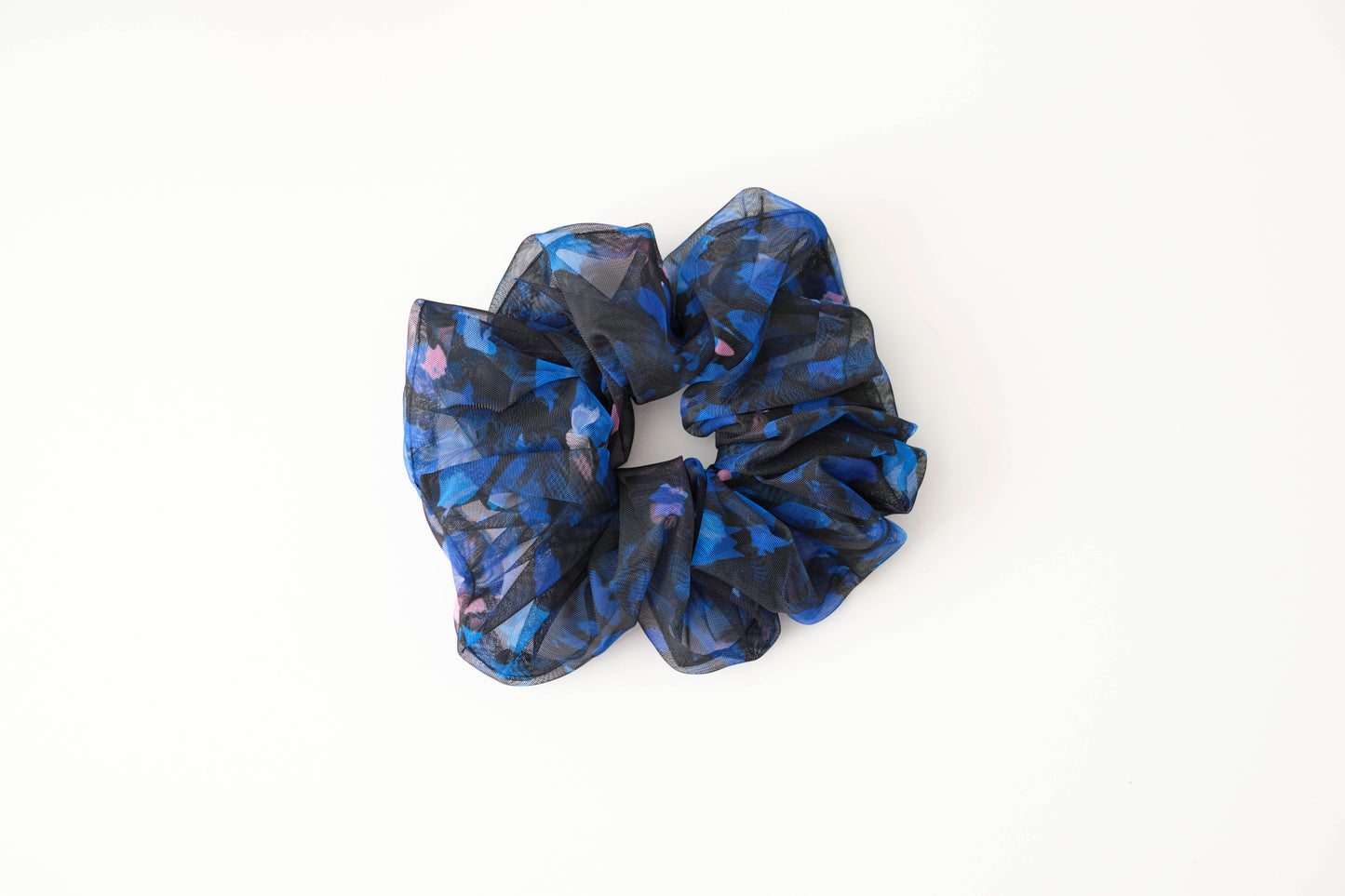 Blue Mesh Floral Scrunchie - Sheer Flower Hair Tie