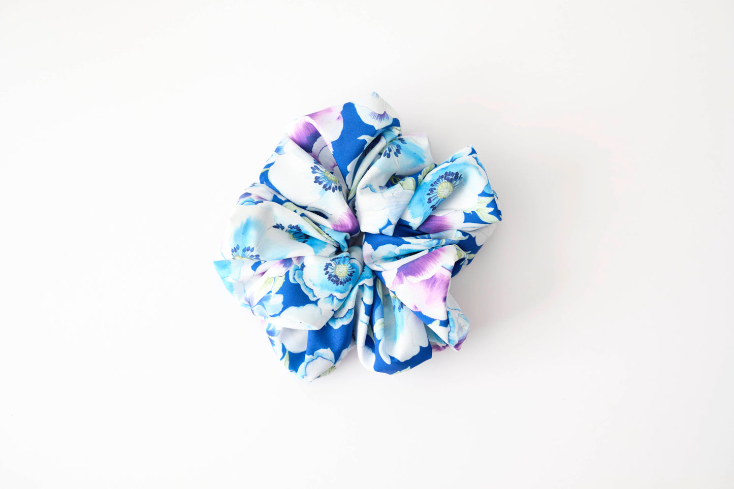 Blue & White Floral Scrunchie - Vibrant Flower Hair Tie
