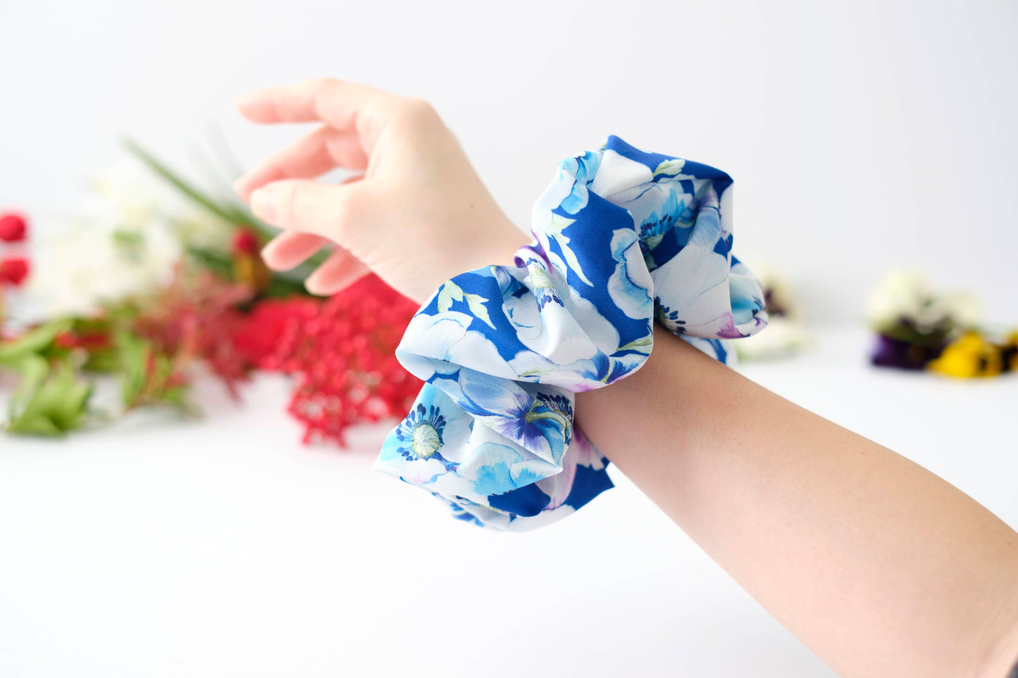 Blue & White Floral Scrunchie - Vibrant Flower Hair Tie