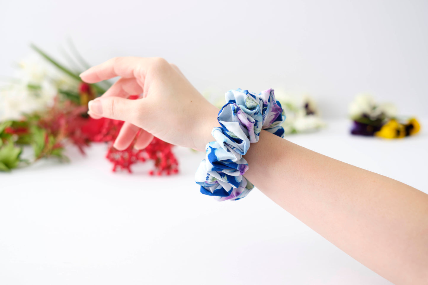 Blue & White Floral Scrunchie - Vibrant Flower Hair Tie