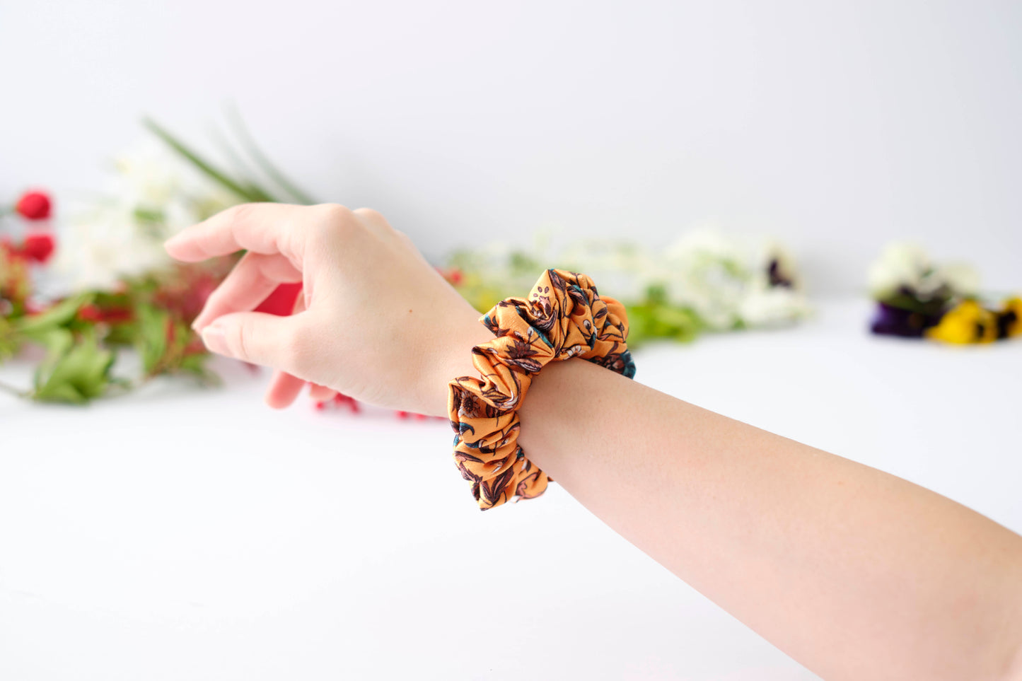 Orange Floral Scrunchie - Warm Tone Flower Hair Tie - Soft Fabric