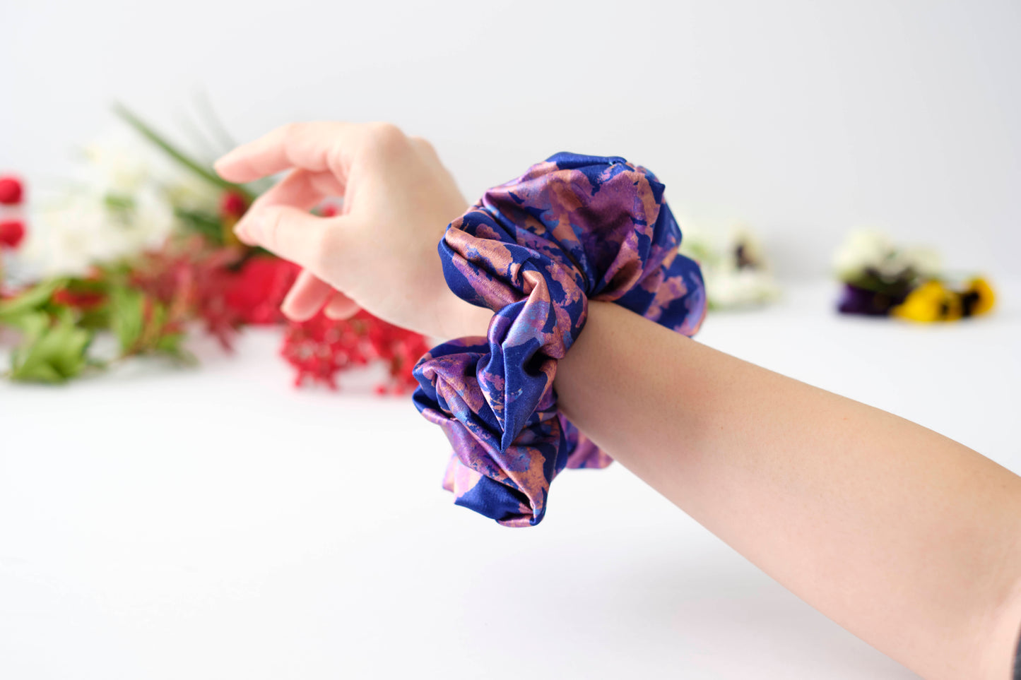 Moonlight Mirage Satin Scrunchie - Luxurious Blue & Peach Hair Tie