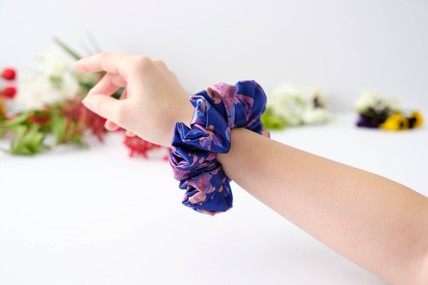 Moonlight Mirage Satin Scrunchie - Luxurious Blue & Peach Hair Tie