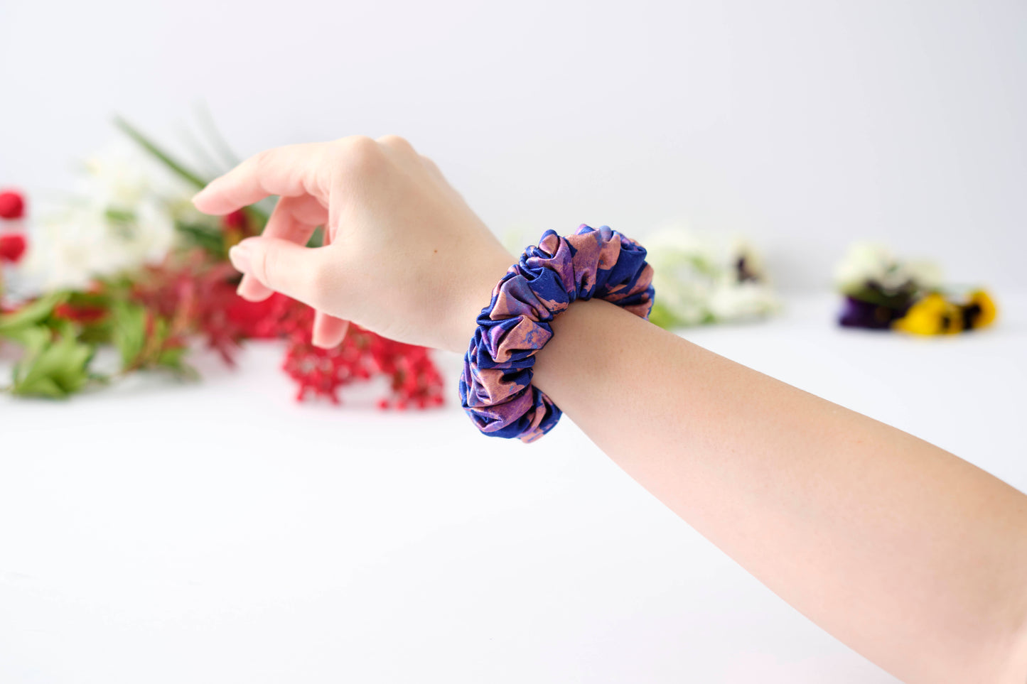 Moonlight Mirage Satin Scrunchie - Luxurious Blue & Peach Hair Tie