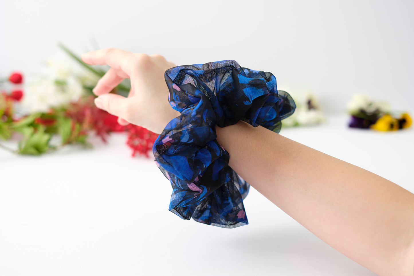 Blue Mesh Floral Scrunchie - Sheer Flower Hair Tie