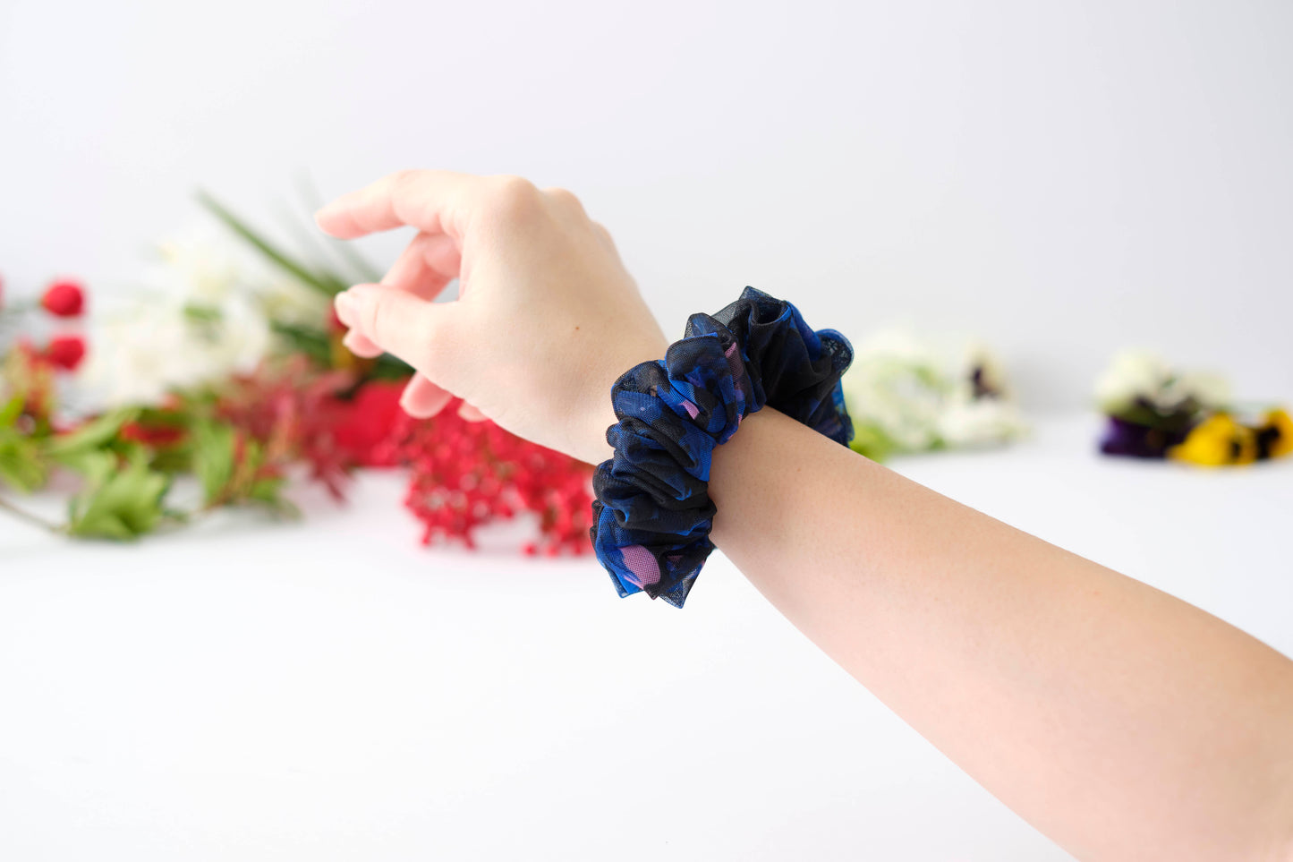 Blue Mesh Floral Scrunchie - Sheer Flower Hair Tie