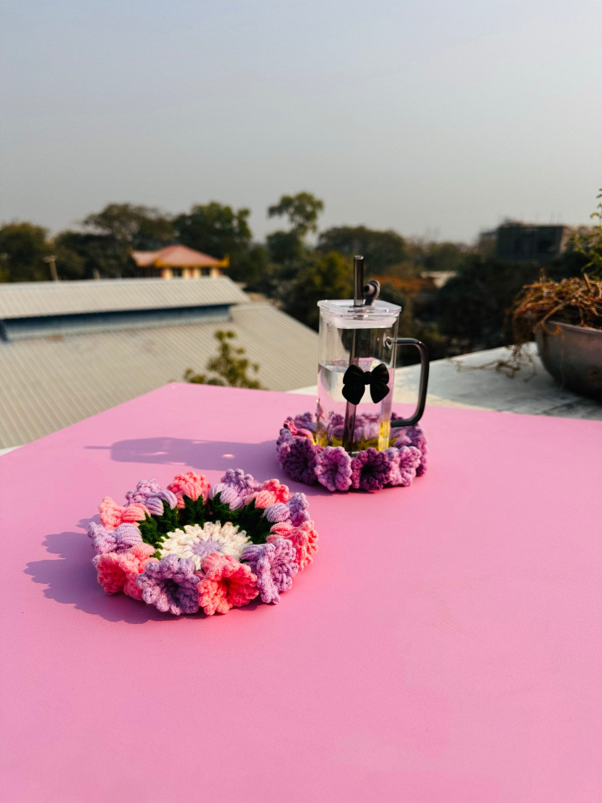 Crochet Flower Coaster Set - Handmade Colorful Drink Coasters