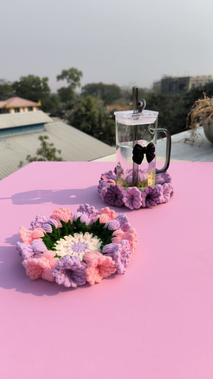 Crochet Flower Coaster Set - Handmade Colorful Drink Coasters