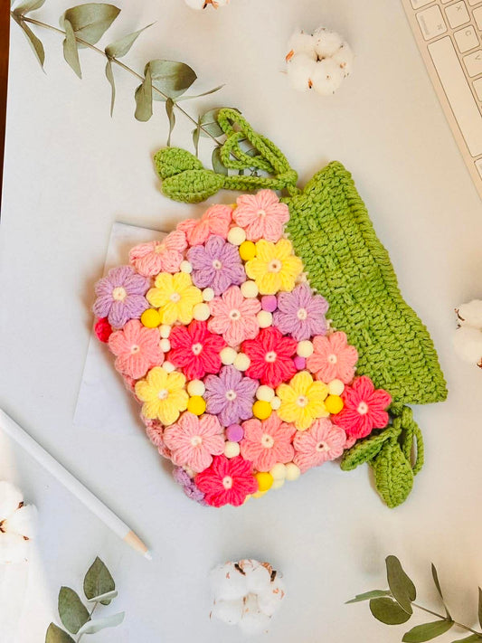 Handmade 3D Colorful Floral Crochet Shoulder Bag - Vibrant Multi-Color Artisan Purse