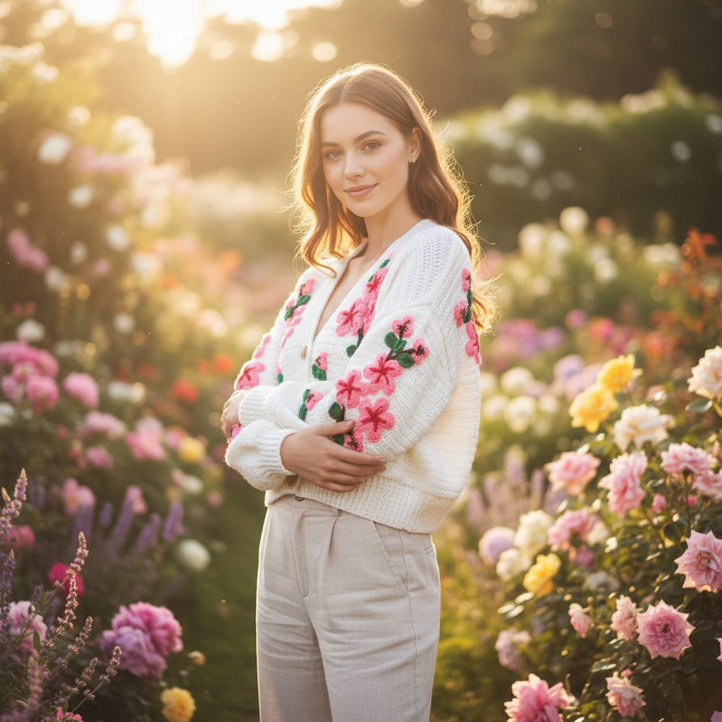 White Knit Cardigan with Pink Cherry Blossom Embroidery - Floral Sweater